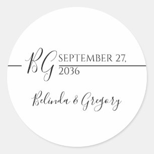 Black & White Minimalist Monogram Wedding  Classic Round Sticker
