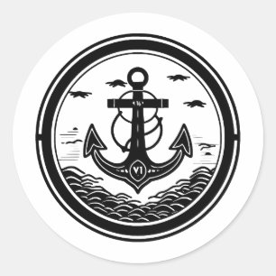 Black & White Minimalist Nautical Design Classic Round Sticker