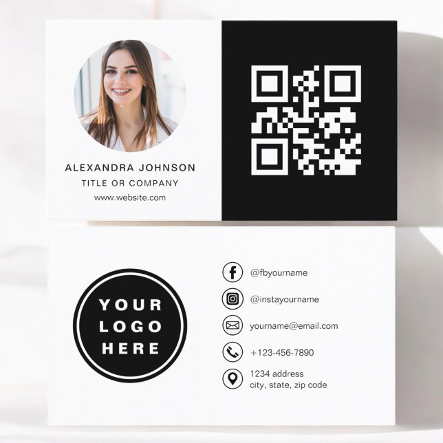 Black White Minimalist Photo QR Code Social Media Business Card (Creator Uploaded)