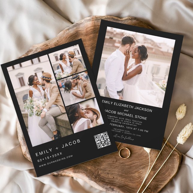 Black White Minimalist Photo QR code White Wedding Invitation (Creator Uploaded)