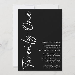 Black White Minimalist Script 21st Birthday Invitation