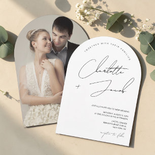 Black white Minimalist Script Arch Photo Wedding Invitation