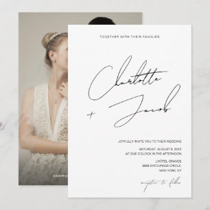 Black white Minimalist Script Photo Modern Wedding Invitation