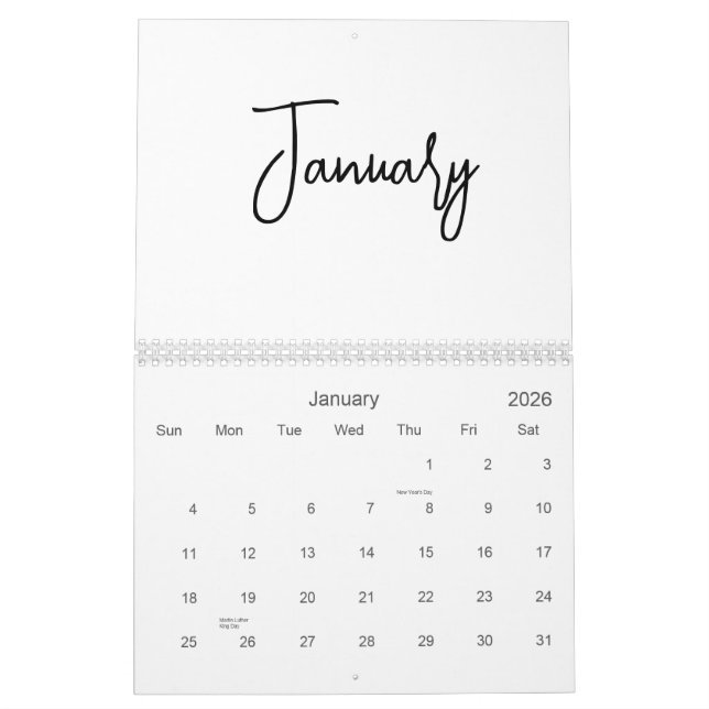 Black & White Minimalist Simple Script Any Year Calendar (Jan 2026)