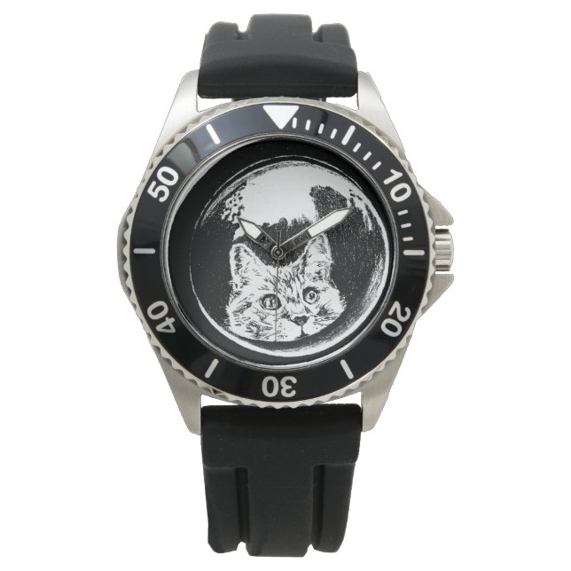 Black & White Minimalist Stylish Cat Designer Watch (Front)