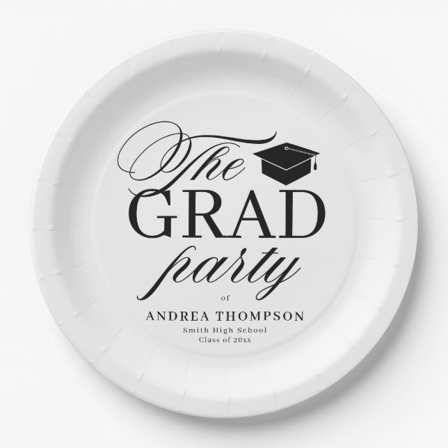 Black White Minimalist The Grad Party  Paper Plate (Front)