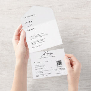 Black & White Minimalist Wedding Qr Code RSVP All In One Invitation