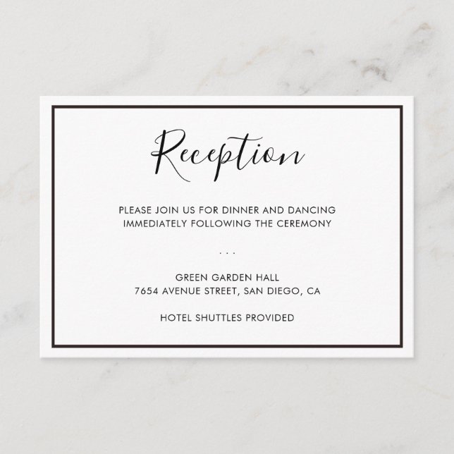 Black & White Minimalist Wedding Reception Card (Front)