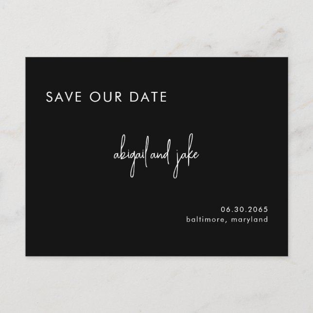 Black & White Minimalist Wedding Save our Date Postcard (Front)