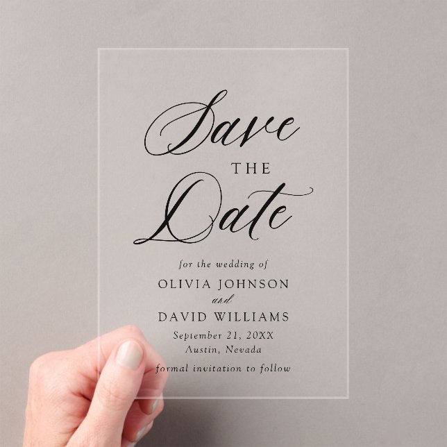 Black & White Minimalist Wedding Save The Date Acrylic Invitations (Insitu (Handheld))