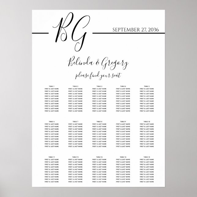 Black & White Minimalist Wedding Seating Chart (Front)