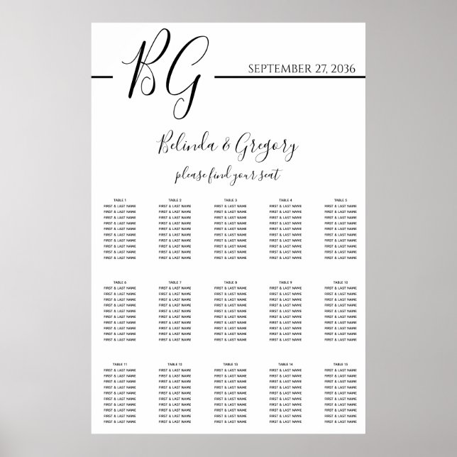 Black & White Minimalist Wedding Seating Chart (Front)