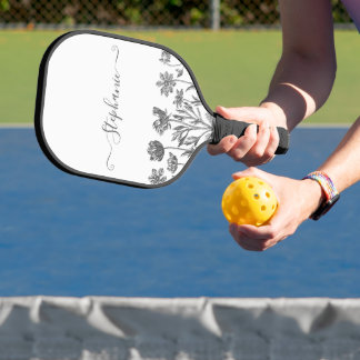 Black & White Minimalist Wildflower | Floral Pickleball Paddle