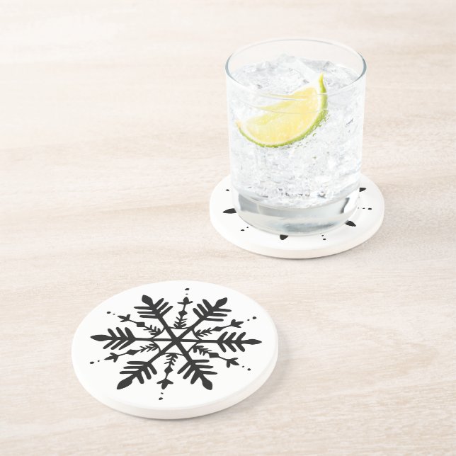 Black & White Minimalistic Graphic Snowflake Coaster (Side)