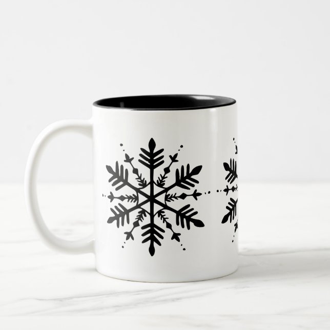 Black & White Minimalistic Graphic Snowflake Two-Tone Coffee Mug (Left)