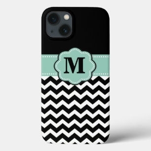 Black White Mint Green Chevron Monogram iPhone 13 Case