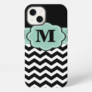 Black White Mint Green Chevron Monogram iPhone 13 Case