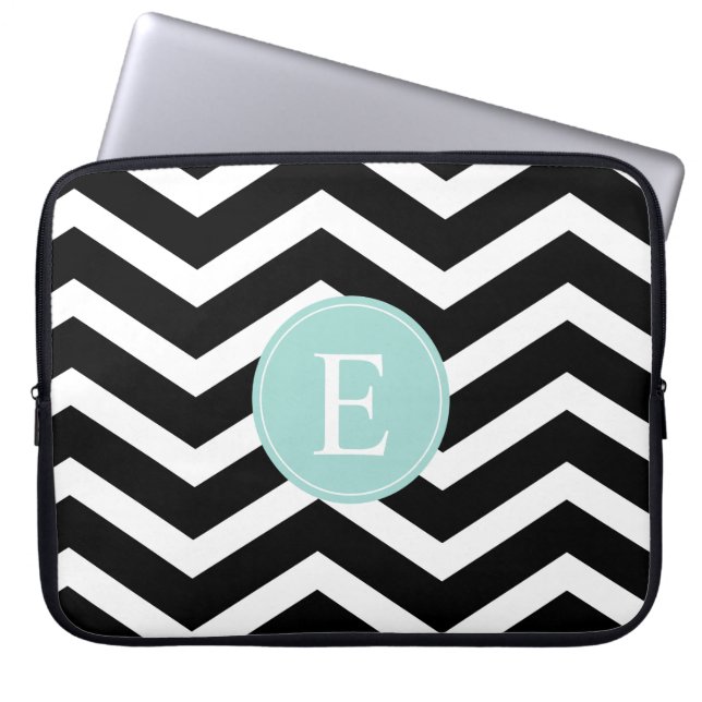 Black White Mint Turquoise Chevron Custom Laptop Sleeve (Front)