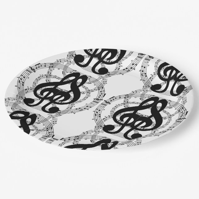 Black & White Mirror Image Music 2 Paper Plate (Angled)