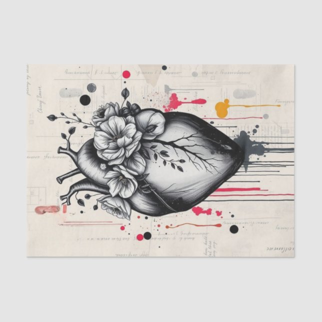 Black & White Mixed Media Heart Decoupage  Tissue Paper (Front)