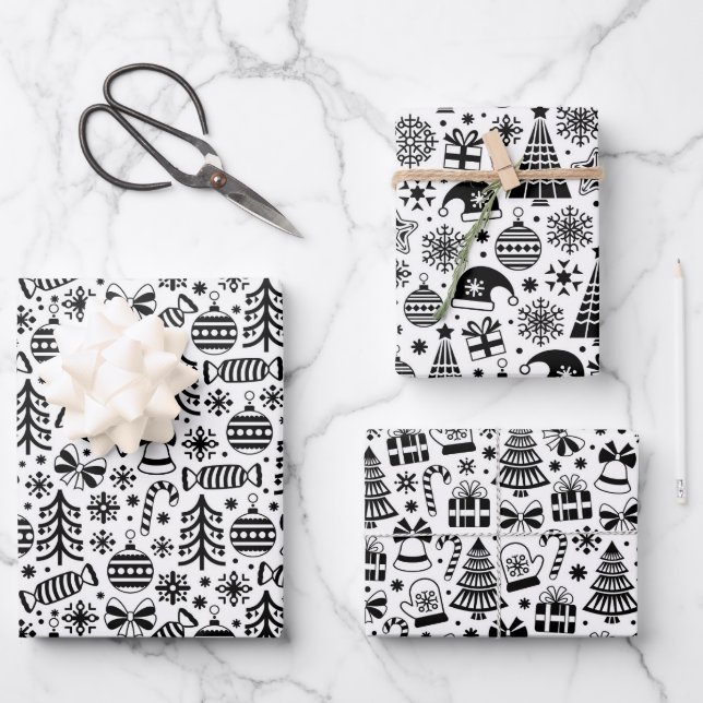 Black white mixed pattern Christmas  Wrapping Paper Sheet (Front)