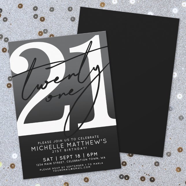 Black White Modern 21st Birthday Invitation (Black White Modern 21st Birthday Invitation)