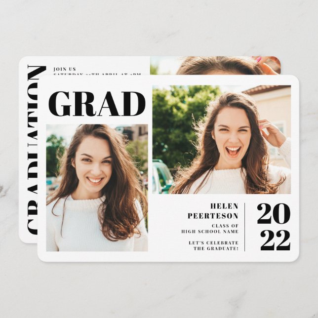 Black white modern 3 photos graduation invitation (Front/Back)