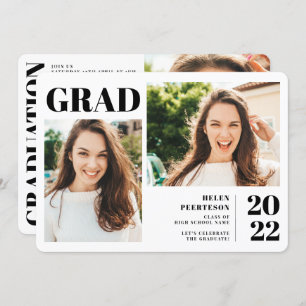 Black white modern 3 photos graduation invitation