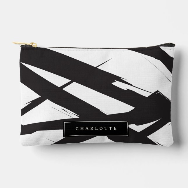 Black & White Modern Abstract Art Line Custom Name Accessory Pouch (Front)