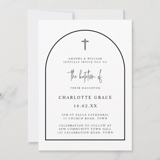 Black White Modern Arch Script Minimalist Baptism  Invitation (Front)