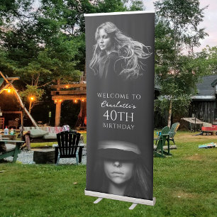Black White Modern Birthday Party 2 Photo Welcome Retractable Banner
