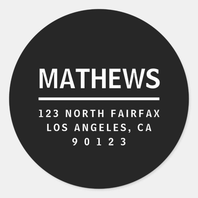 Black & White | Modern Bold Return Address Classic Round Sticker (Front)