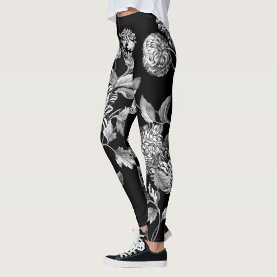 Black & White Modern Botanical Floral Toile Black Leggings
