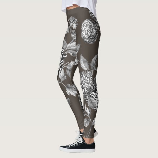 Black White Modern Botanical Floral Toile Espresso Leggings