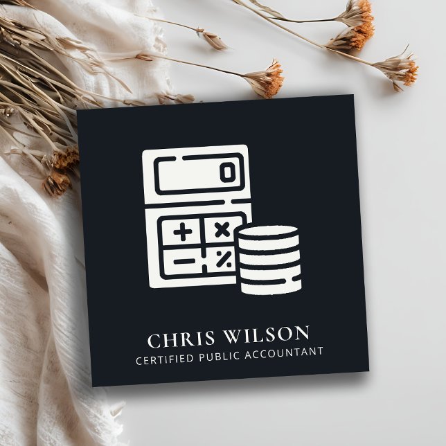 BLACK WHITE MODERN CALCULATOR COIN ICON ACCOUNTING SQUARE BUSINESS CARD (Creator Uploaded)