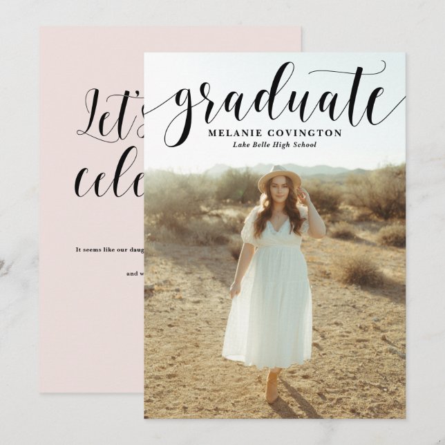 Black White Modern Calligraphy Photo Graduation Invitation (Front/Back)