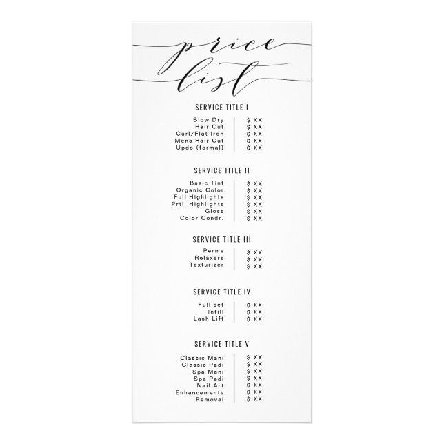 Black & White Modern Calligraphy Price List Salon Rack Card (Front)