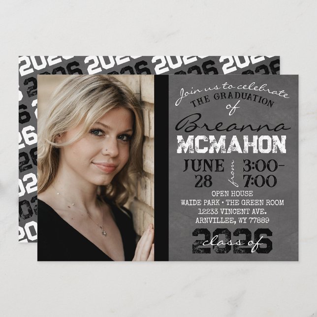 Black & White Modern Chalkboard Graduation Invitation (Repeating Class Year Chalkboard Graduation Photo Invitations)