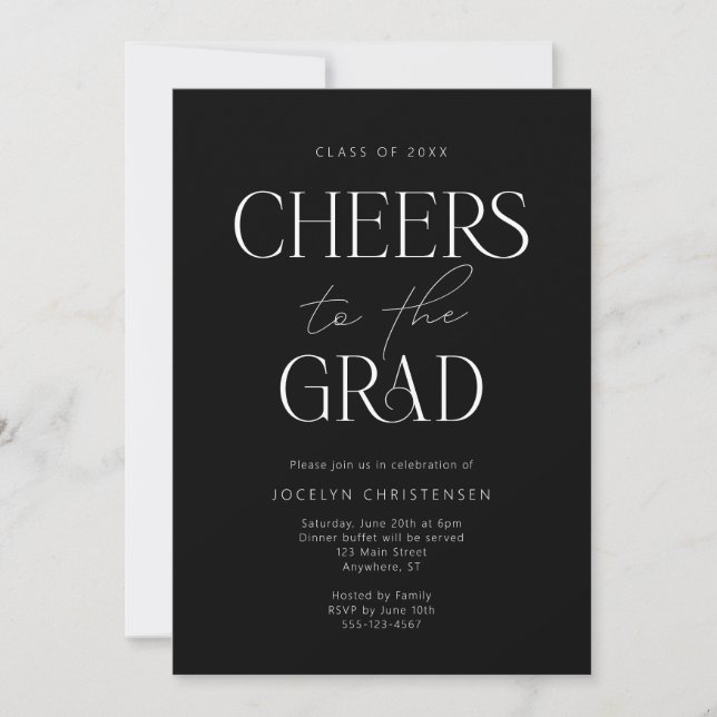 Black White Modern Cheers Grad Party Invitation (Front)