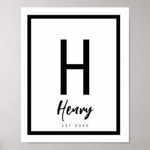 Black & White Modern Chic Name Nursery Initial Poster