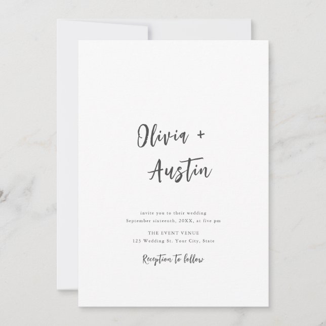 Black White Modern Chic Script Minimalist Wedding Invitation (Front)