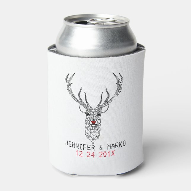 Black & White Modern Christmas Red Nose Deer Can Cooler (Can Front)