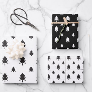 Black & White Modern Christmas Tree Pattern Wrapping Paper Sheet