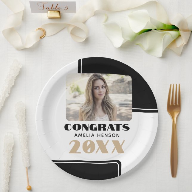 Black White Modern Congrats Graduate Photo Paper Plate (Wedding)