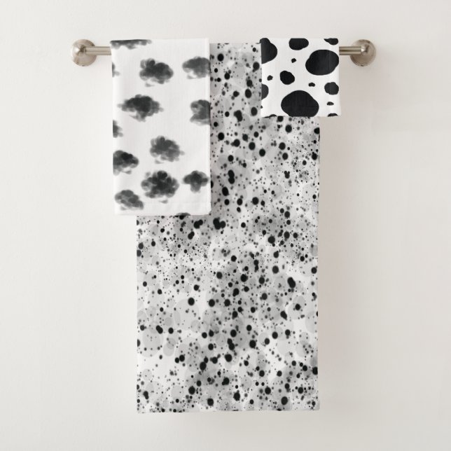 black white modern dalmatian spots animal pattern bath towel set (Insitu)