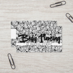 Black White Modern Drawn Flowers Body Piercing Business Card