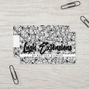 Black White Modern Drawn Flowers Lash Extensions Business Card