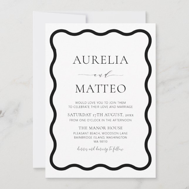 Black & White Modern Elegant Wavy Border Minimal Invitation (Front)