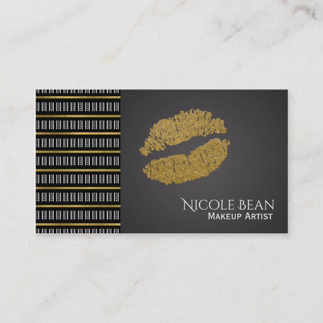 Black & White Modern Faux Gold Lips Beauty Business Card (Front)