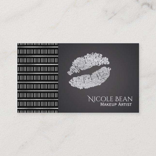 Black & White Modern Faux Silver Lips Beauty Business Card (Front)